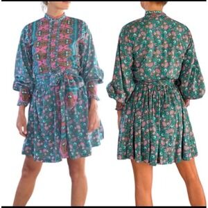 FEATHER & FIND Women Dress Sz S Hamsa Hand Teal Pink Button Front Mini Shirt